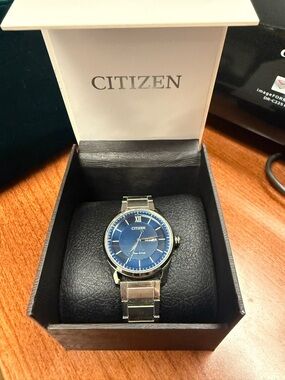 Citizen Silver Men's EcoDrive Watch with Blue Dial